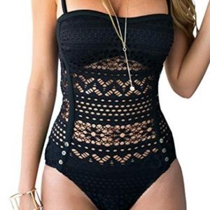 Peekaboo Crochet Lace Swimsuit Black Convertible